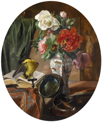 Still Life with Flowers in a Chinese Vase, Bird and Ornamental Objects by Ennemond Collignon